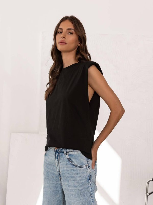 Kobieta, bluzka, t-shirt, bez rękawów, czarna, czarna bluzka, z poduszkami na ramionach