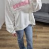 Bluza, bawełniana bluza damska, kremowa bluza, bluza z napisem, oversizeowa bluza, bluza bez kaptura, szerokie rękawy, moda damska, sklep online