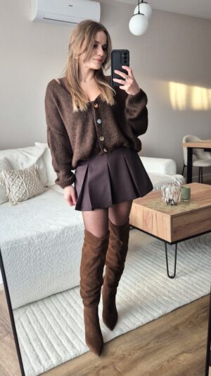 Sweter, sweter damski, brazowy sweter, moda damska, jesienne stylizacje, rozpinany sweter, spódniczko spodenki